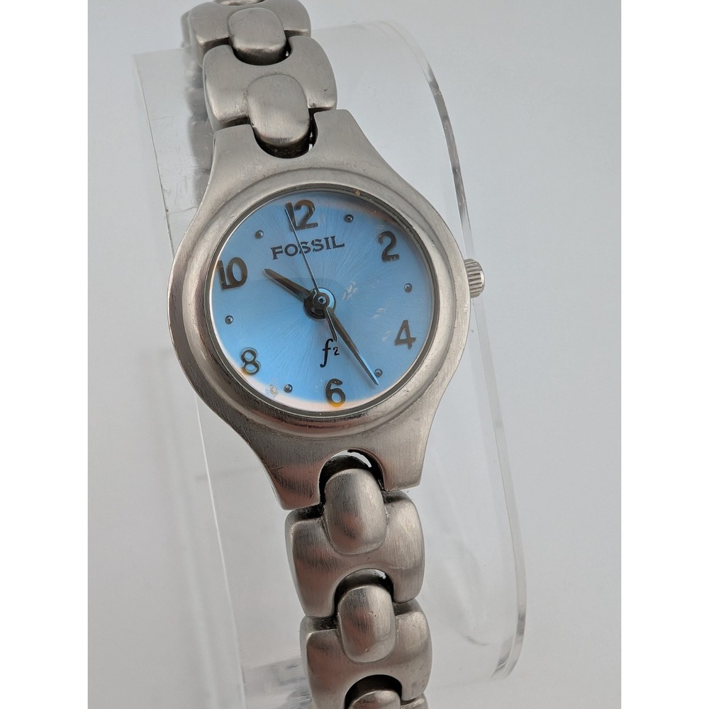 FOSSIL F2 Watch Women 22mm Case Blue Dial Silver 6.5" Band‎ ES-9075 -New Battery